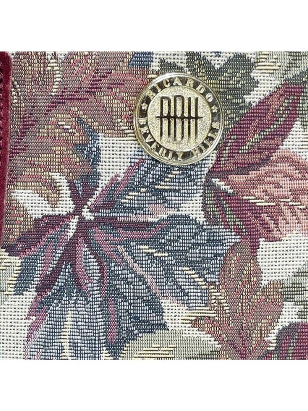 Ricardo Beverly Hills Tapestry Tote Bag With Suede Trim Leaf Pattern Zipper Top - Picture 15 of 16